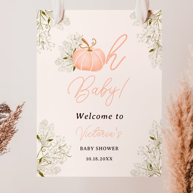 Poster Oh Bébé rose citrouille baby shower floral fille (Oh Baby pink pumpkin floral girl baby shower Poster)