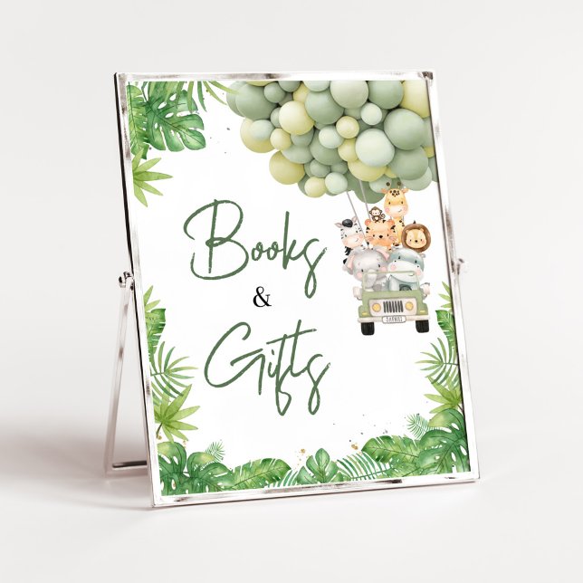 Poster Oh Boy Jungle Safari Baby showers Livres et Cadeau (Safari Truck Balloons Baby Shower Books and Gifts Sign)