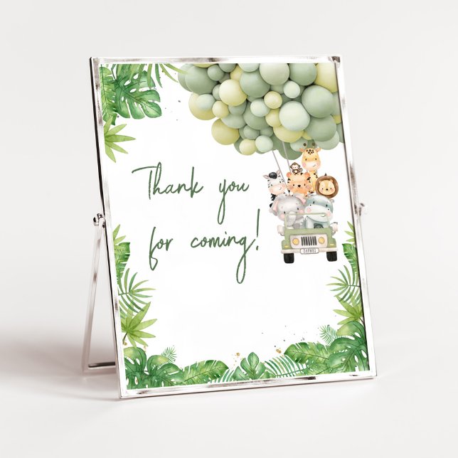Poster Oh Boy Jungle Safari Merci bébé pour venir (Safari Truck Balloons Baby Shower Thank you for Coming Sign)