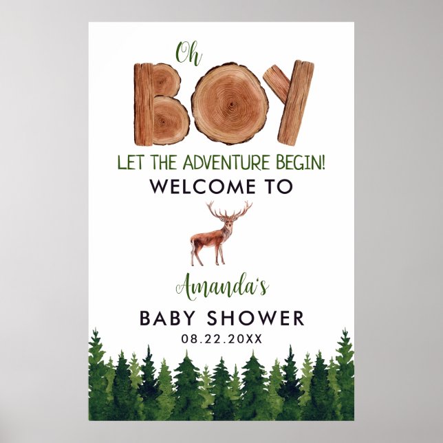 Poster Oh Boy - Rustic Boy Baby shower Woodland Bienvenue (Devant)