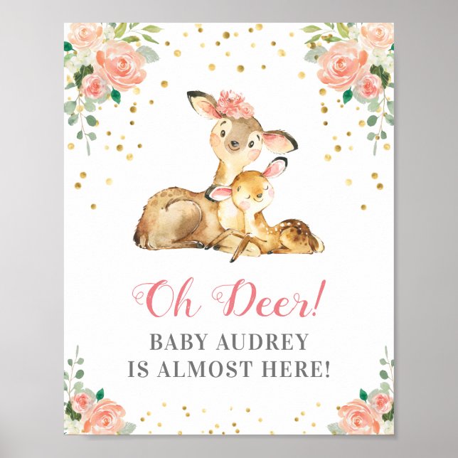 Poster Oh Deer Woodland Baby Girl Douche Pêche Floral (Devant)