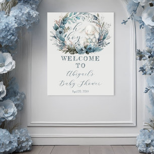 Poster Oh Garçon Lapin Bleu Couronne Florale Baby Shower