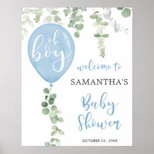 Poster Oh mon garçon Ballon bleu eucalyptus baby shower b