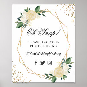 Poster Oh Snap Hashtag blanc vert Mariage floral