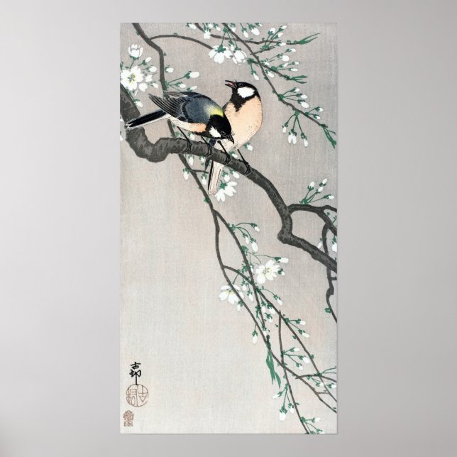 Poster Ohara Koson Birds sur la branche des cerisiers (Devant)