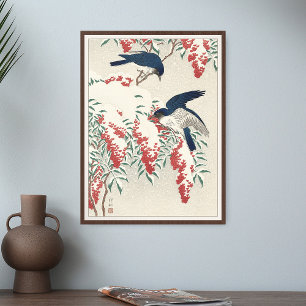 Poster Ohara Koson Flycatchers sur Nandina Bush Bird Japo
