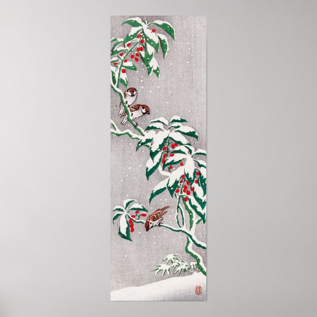 Poster Ohara Koson Sparrows sur la baie de brousse (Devant)