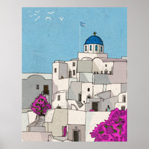 Poster Oia Santorini Île Grèce Illustration lunaire