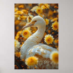 Poster Oie élégante et fleurs jaunes