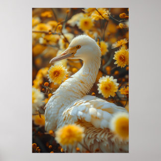 Poster Oie élégante et fleurs jaunes