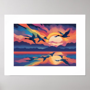 Poster Oies au-dessus de l'eau au lever du soleil