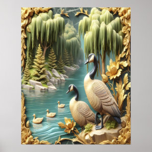 Poster Oies du Canada au milieu des saules pleurs 16x20