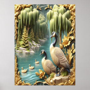Poster Oies du Canada au milieu des saules pleurs 18x24