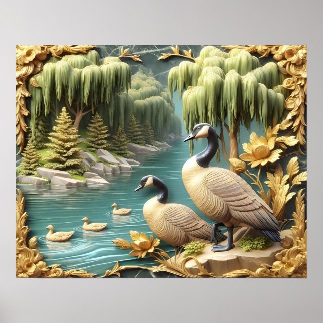 Poster Oies du Canada au milieu des saules pleurs 20x16 (Devant)