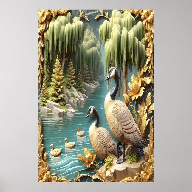 Poster Oies du Canada au milieu des saules pleurs 24x36 (Devant)