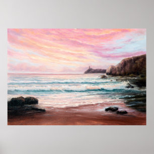 Poster  oil painting of beautiful purple sunset ocee