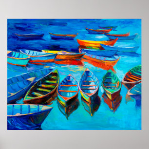 Poster oil painting of boats and sea on canvas. Sunset o