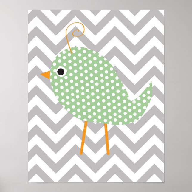 Poster Oiseau à pois vert, chambre de nurserie en chevron (Devant)