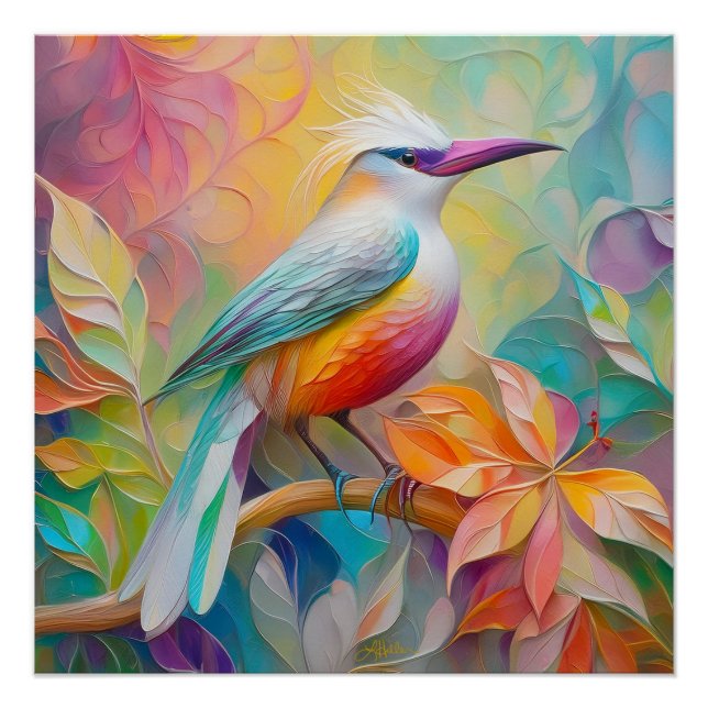 Poster Oiseau à poitrine rouge à bec rose (Devant)