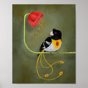 Poster Oiseau à tache rouge et poitrine jaune avec araign