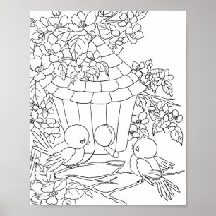Poster Oiseau Birdhouse fleurie art coloration adulte