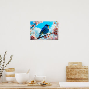 Poster Oiseau bleu azur sur branche de fleurs de cerisier