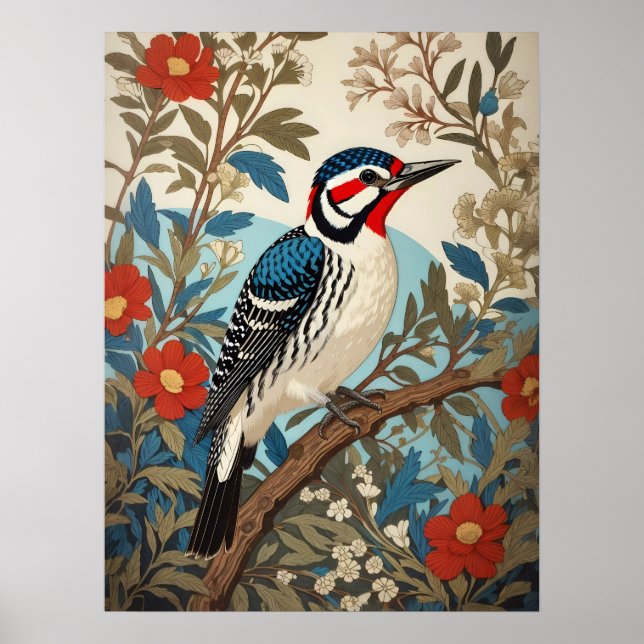 Poster Oiseau Bleu Et Pic Rouge Inspiré Par La Nature (Devant)