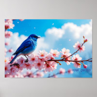 Oiseau bleu sur branche de fleurs de cerisier