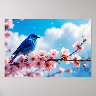 Poster Oiseau bleu sur branche de fleurs de cerisier