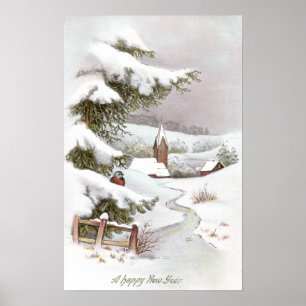 Poster Oiseau dans la scène hivernale neige pour le Nouve