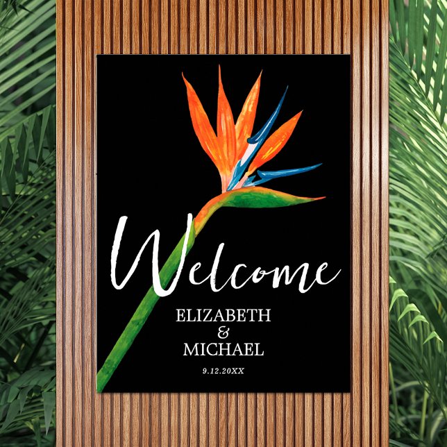 Poster Oiseau de paradis sur Mariage noir Bienvenue (Tropical bird of paradise on black wedding welcome poster - INSTANT DOWNLOAD and/or PRINTED)