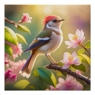 Poster Oiseau de Paruline Imaginaire à tête rouge