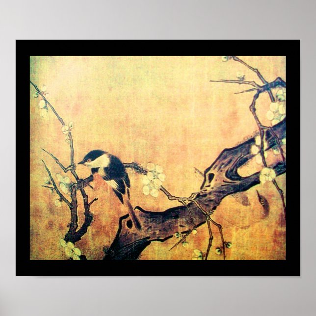 Poster OISEAU DE PRINTEMPS ET ARBRE FLEURI Jaune Brun Noi (Devant)