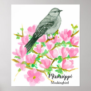 Poster Oiseau d'État du Mississippi Mockingbird Aquarelle