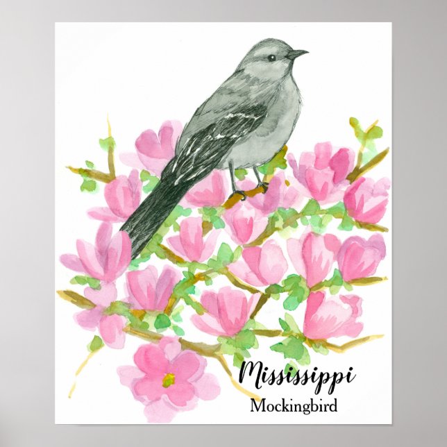 Poster Oiseau d'État du Mississippi Mockingbird Aquarelle (Devant)