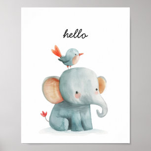 Poster Oiseau Eléphant mignon Hello Watercolor Nursery