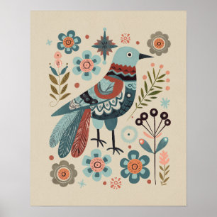Poster Oiseau en forêt - Cuckoo en Fleur Art populaire