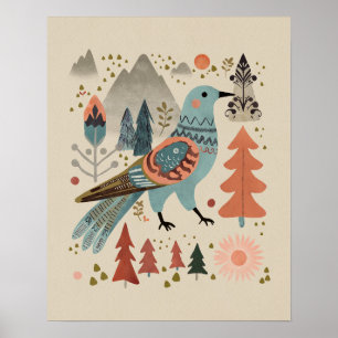 Poster Oiseau en forêt - Cuckoo en Fleur Art populaire