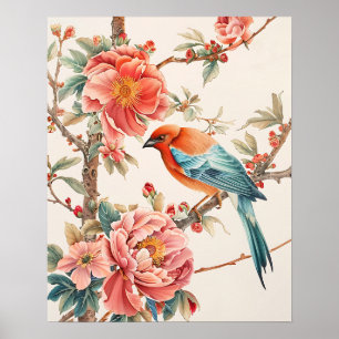 Poster Oiseau et fleurs
