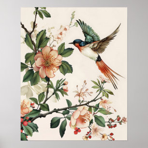 Poster Oiseau et fleurs