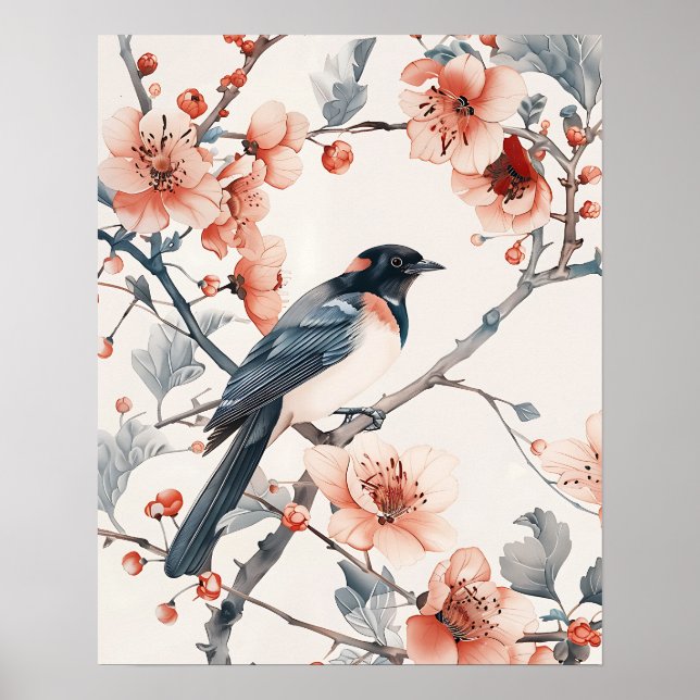 Poster Oiseau et fleurs (Devant)