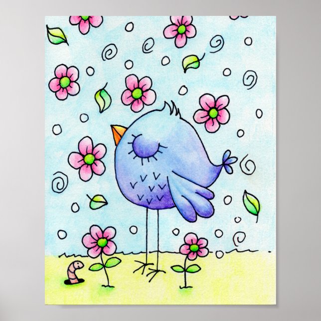 Poster Oiseau Et Fleurs Bleus Whimsical (Devant)