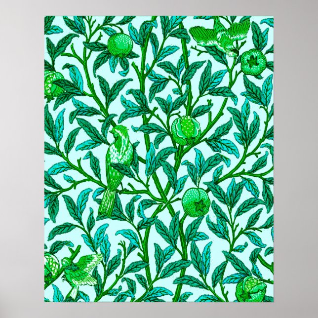 Poster Oiseau et grenade Art Nouveau, Turquoise & Aqua (Devant)