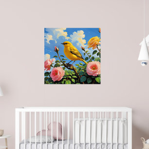 Poster Oiseau jaune coloré et jolies roses roses
