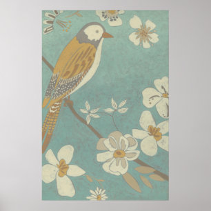 Poster Oiseau jaune, gris et beige été perché sur une