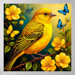 Poster Oiseau jaune perché parmi les fleurs éclatantes