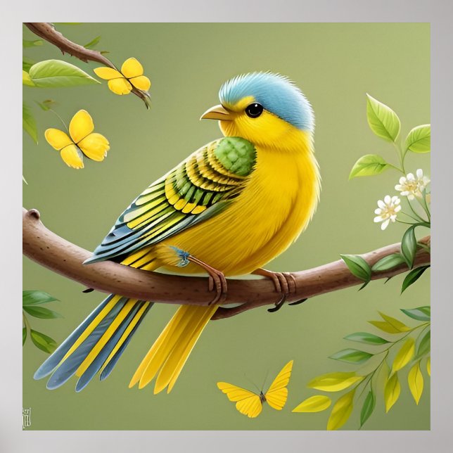 Poster Oiseau jaune vibre sur la branche (Devant)