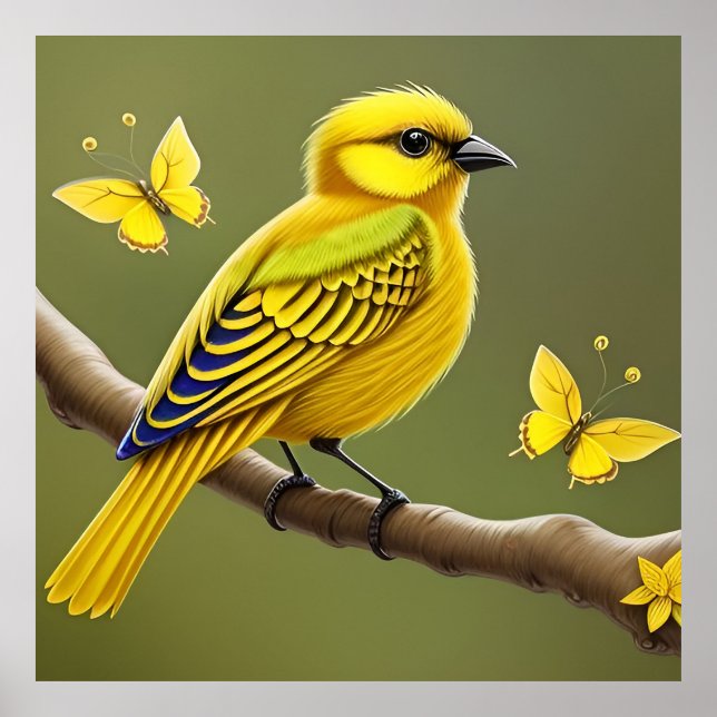Poster Oiseau jaune vibre sur la branche (Devant)