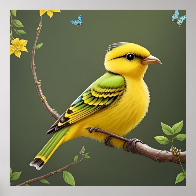 Poster Oiseau jaune vibre sur la branche (Devant)