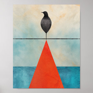 Poster Oiseau noir sur le triangle rouge au milieu de l'e